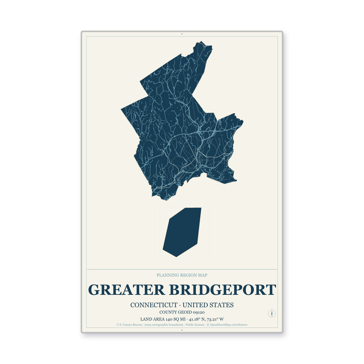 Greater Bridgeport Planning Region, Connecticut Map Aluminum Sign in Coastal Cutout style