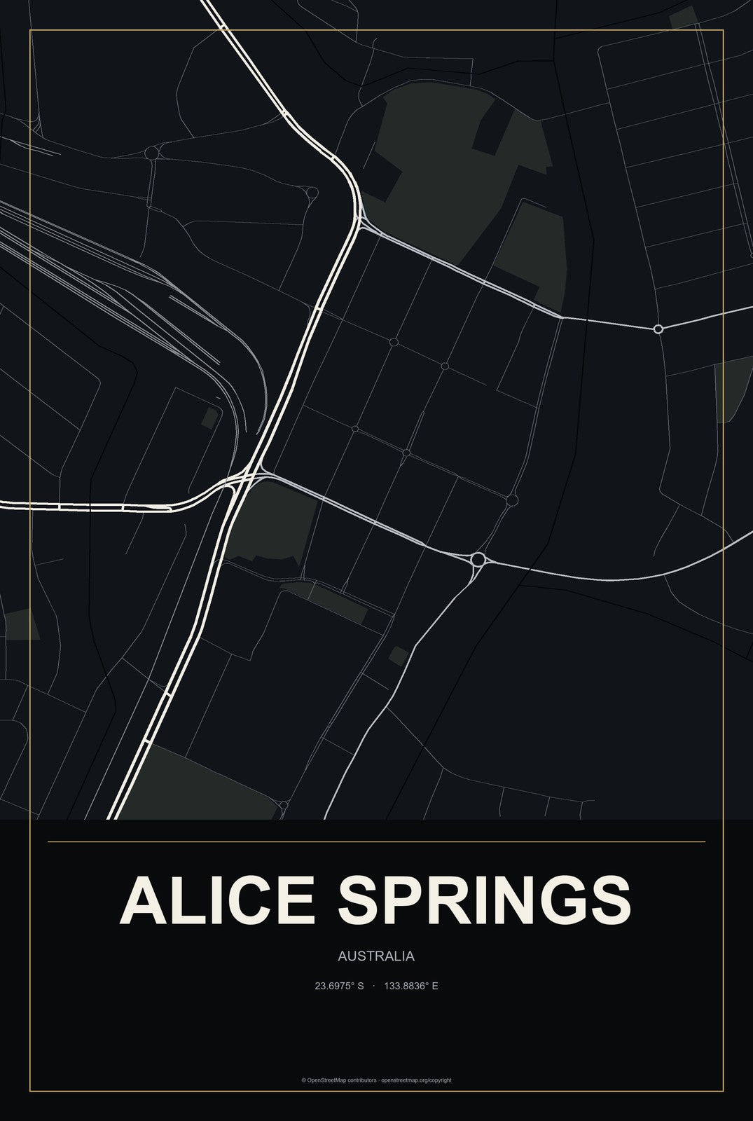 Alice Springs, Australia City Map Aluminum Sign in Metropolitan Noir style