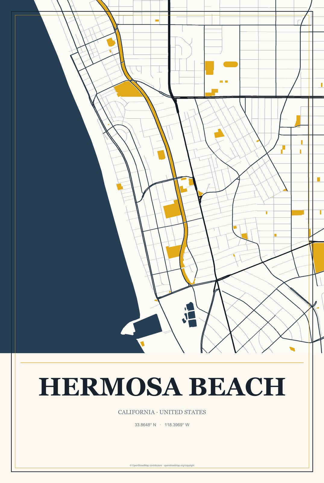 Hermosa Beach, California City Map Aluminum Sign in Citrine Modern style