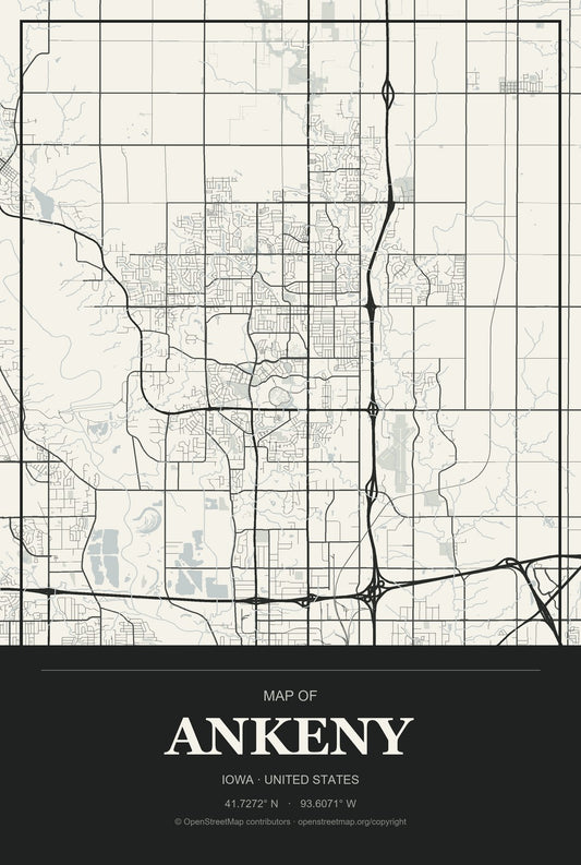 Ankeny, Iowa City Map Aluminum Sign in Museum Plaque style