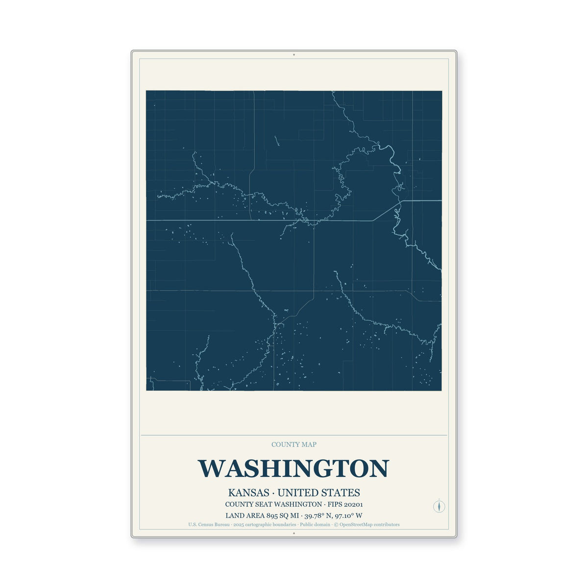 Washington County, Kansas Map Aluminum Sign in Coastal Cutout style