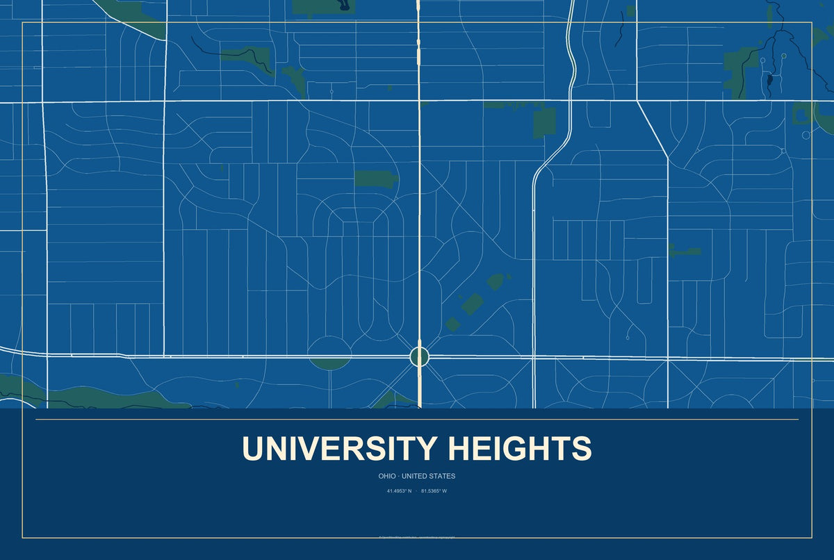 University Heights, Ohio City Map Aluminum Sign in Harbor Cobalt style