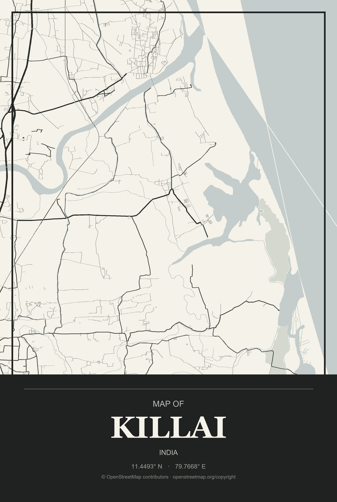 Killai, India City Map Aluminum Sign in Museum Plaque style
