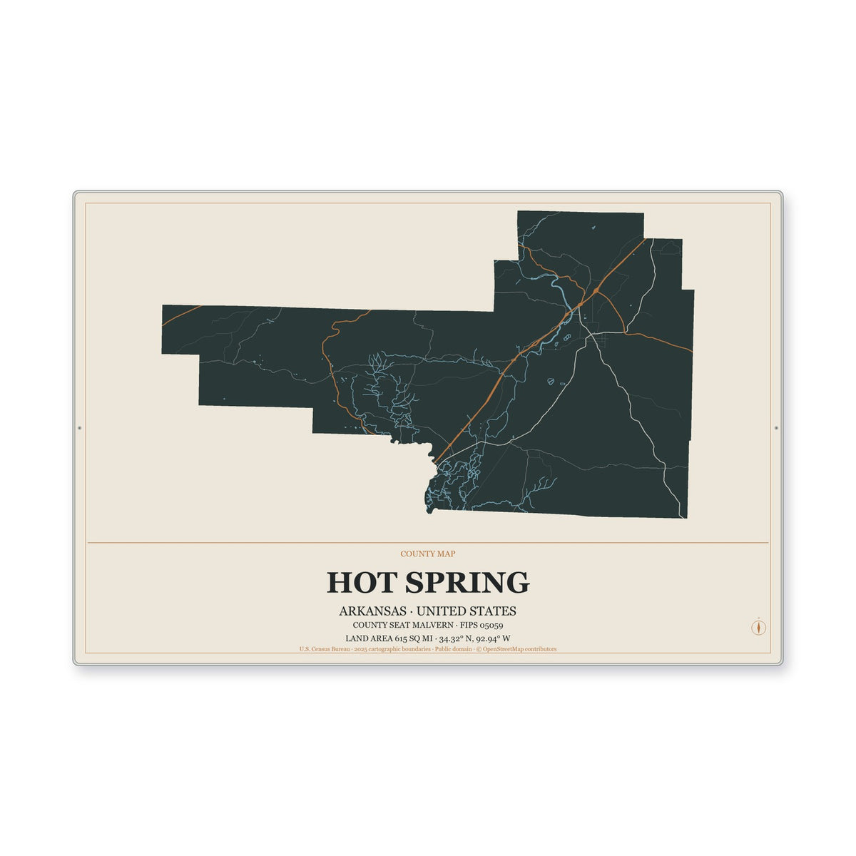 Hot Spring County, Arkansas Map Aluminum Sign in Headline Atlas style