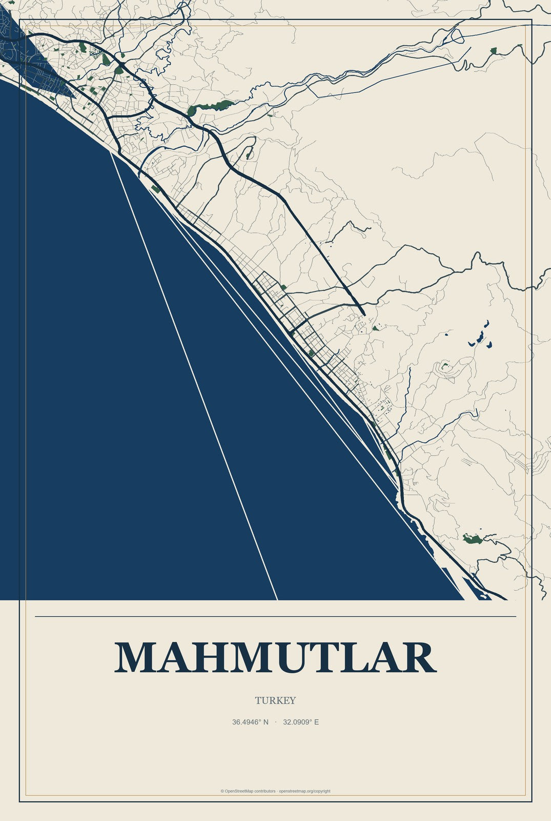 Mahmutlar, Turkey City Map Aluminum Sign in Coastal Cutout style