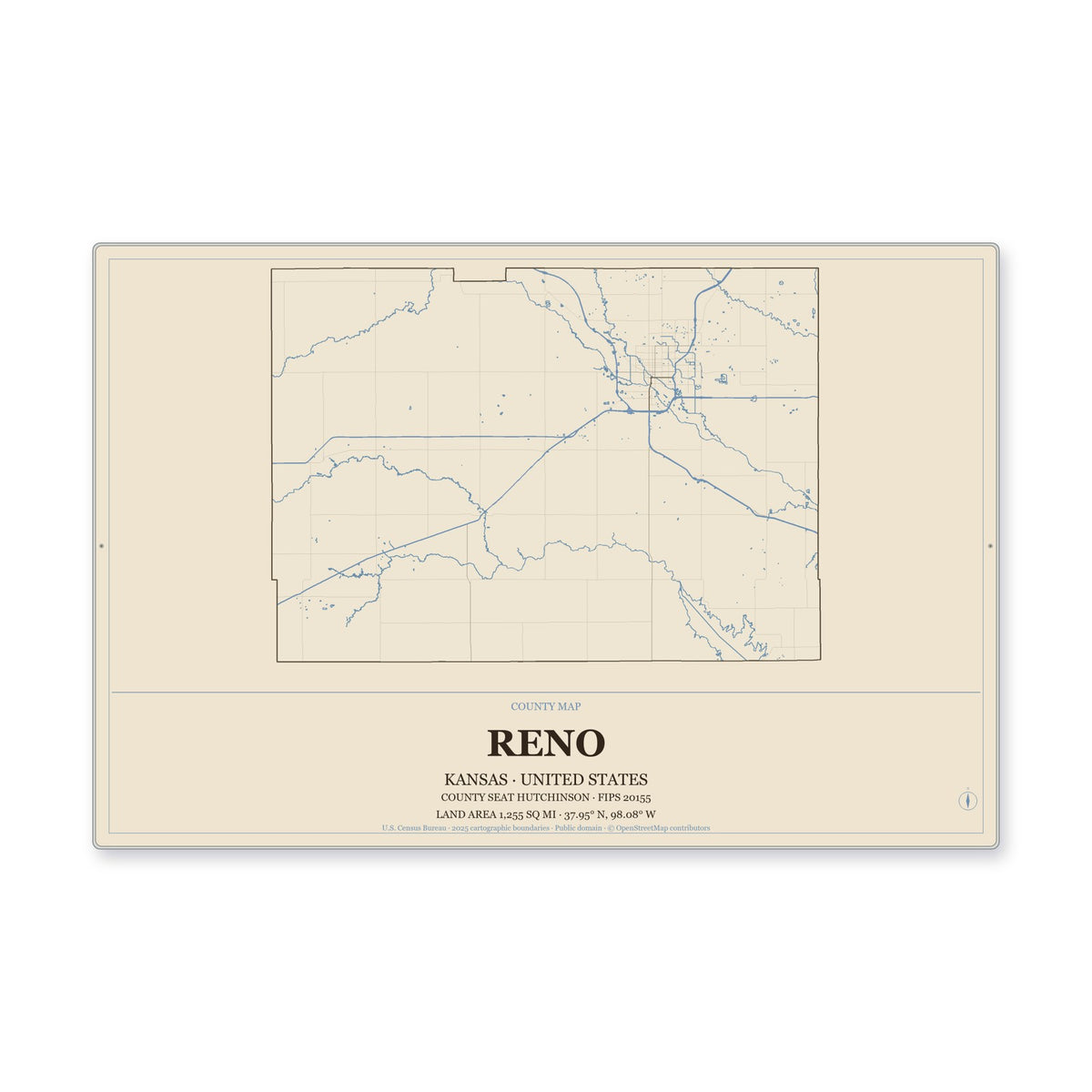 Reno County, Kansas Map Aluminum Sign in Heritage Nautical style