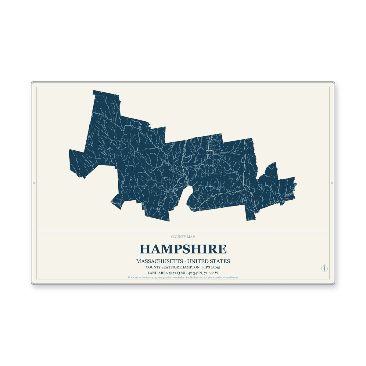 Hampshire County, Massachusetts Map Aluminum Sign in Coastal Cutout style