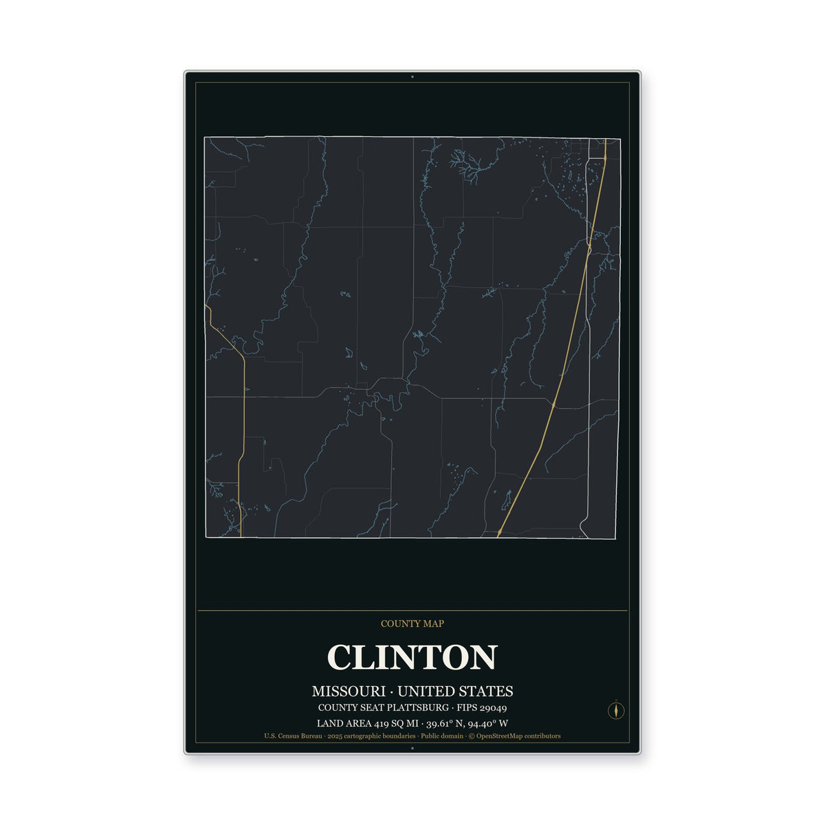 Clinton County, Missouri Map Aluminum Sign in Metropolitan Noir style