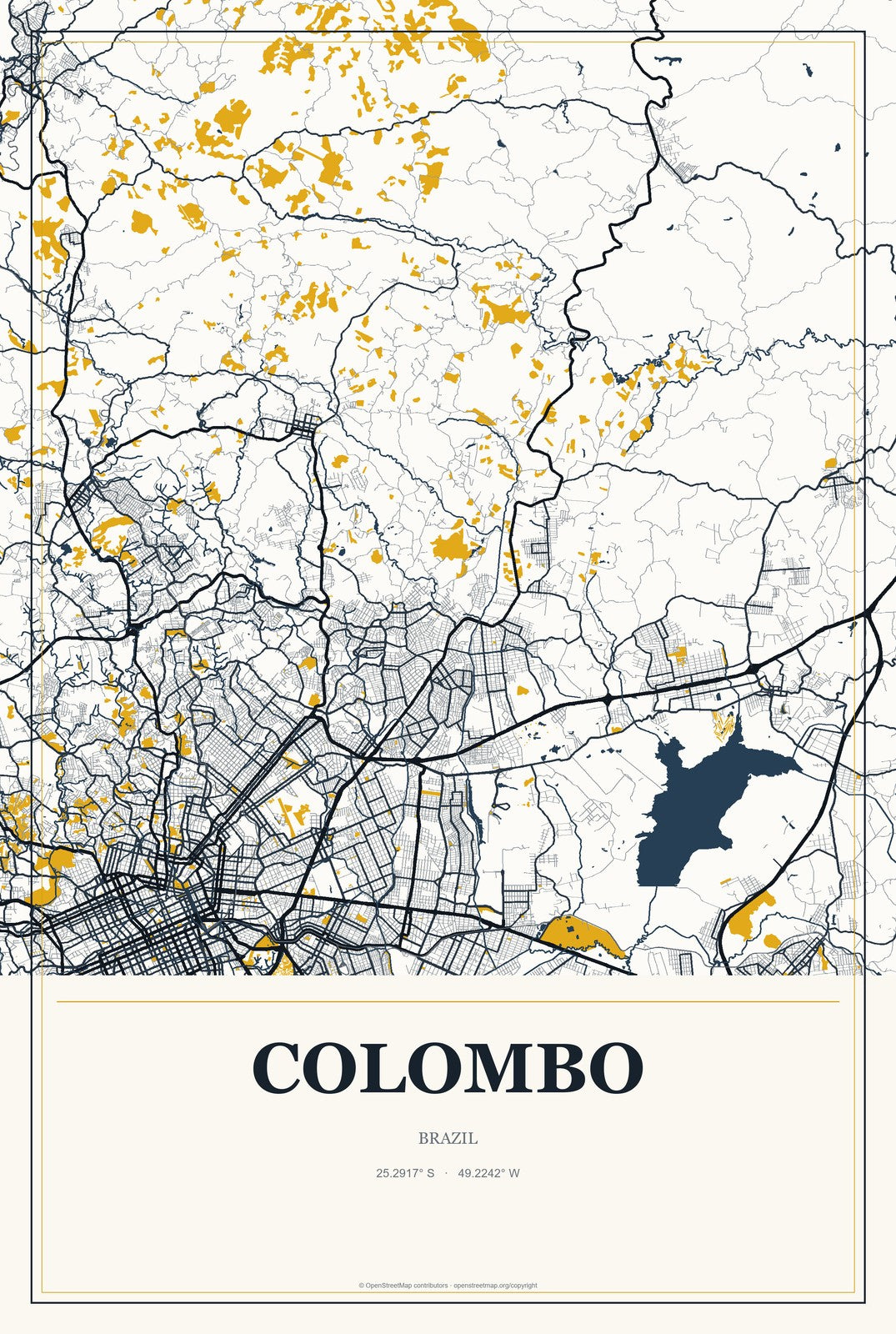 Colombo, Brazil City Map Aluminum Sign in Citrine Modern style