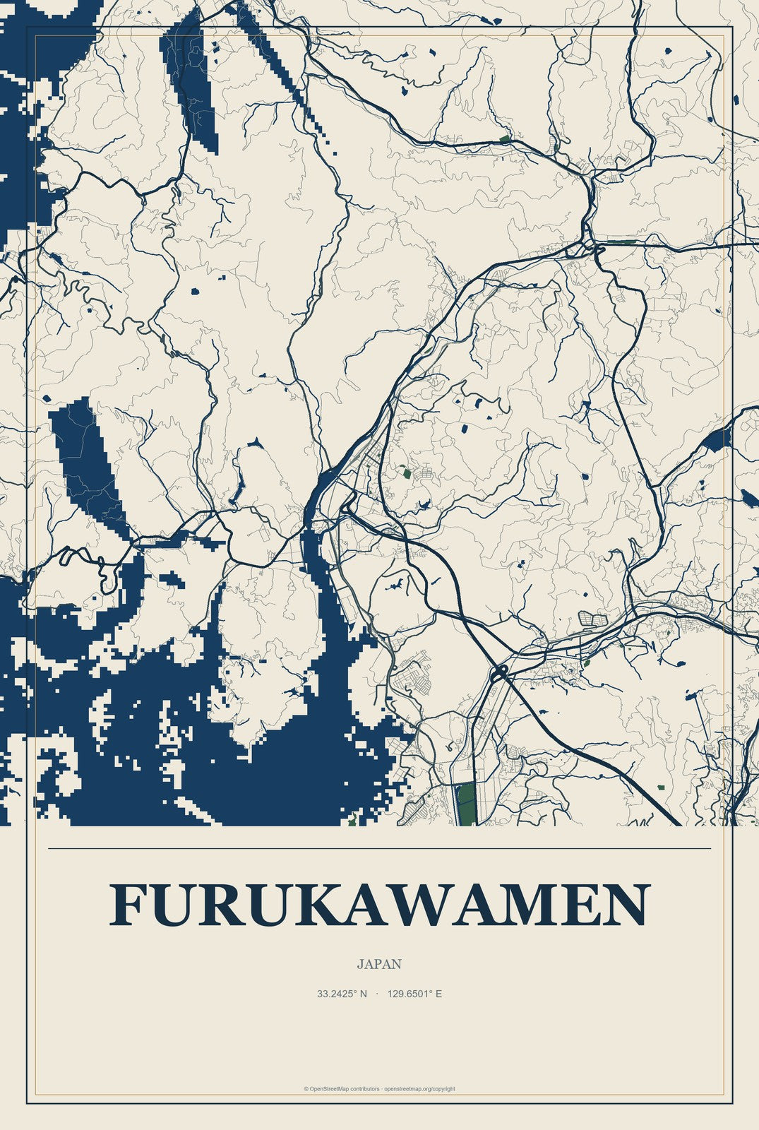 Furukawamen, Japan City Map Aluminum Sign in Coastal Cutout style