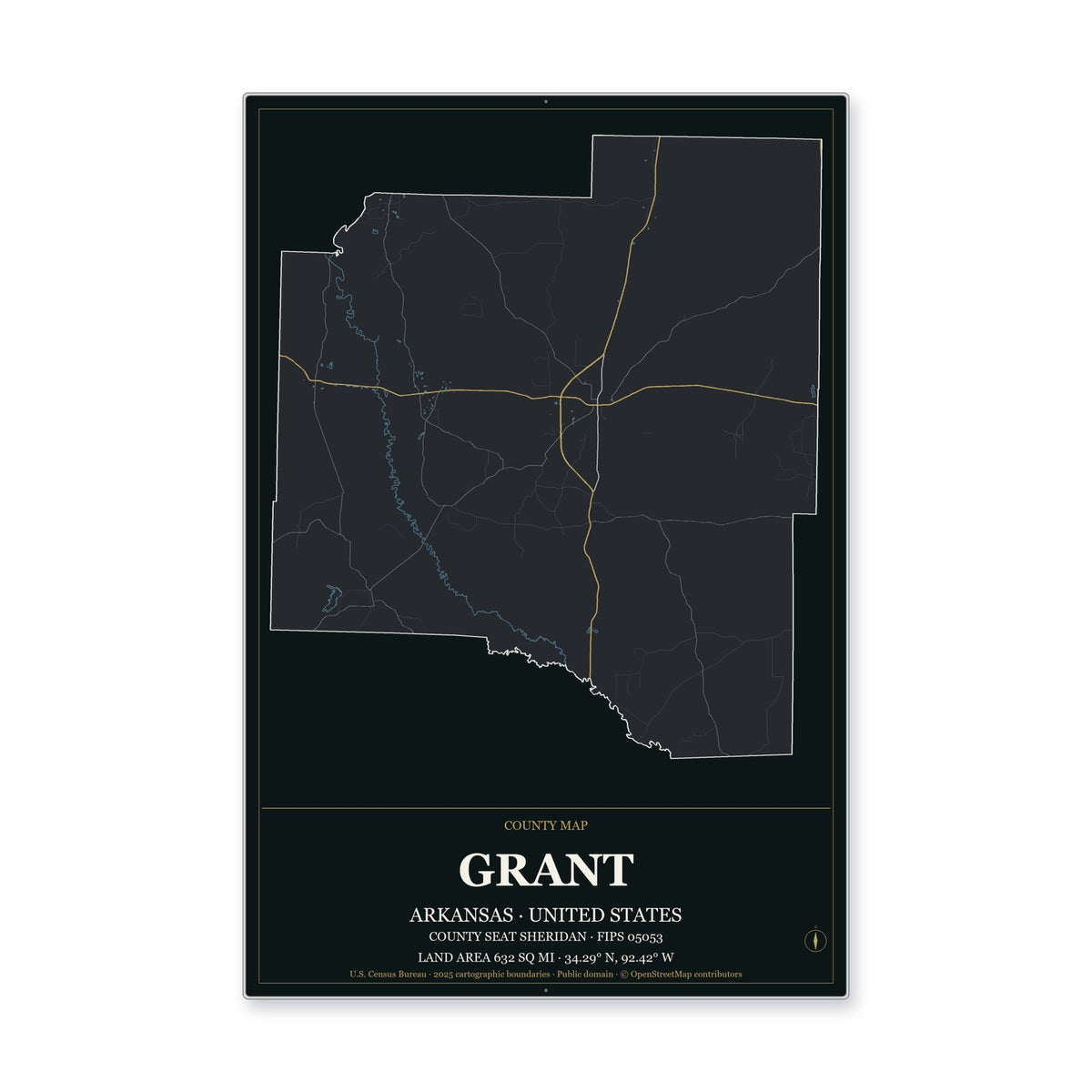Grant County, Arkansas Map Aluminum Sign in Metropolitan Noir style