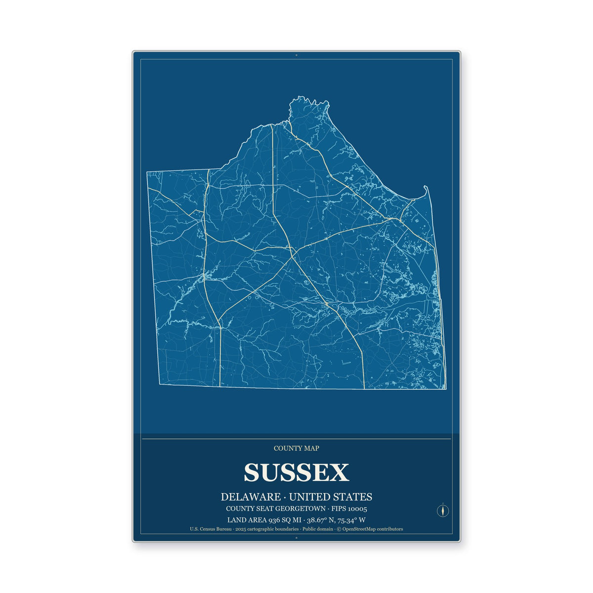 Sussex County, Delaware Map Aluminum Sign in Harbor Cobalt style