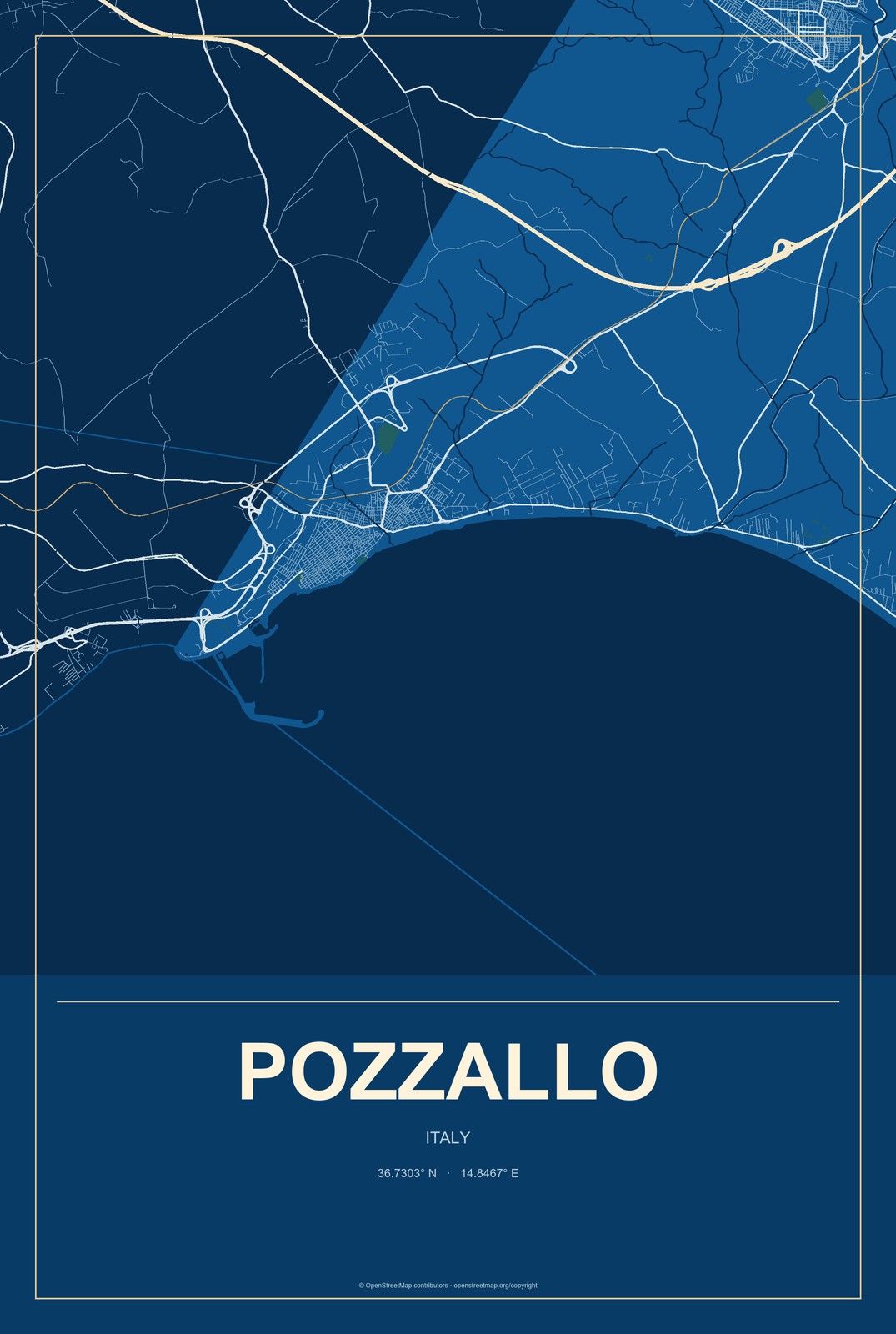 Pozzallo, Italy City Map Aluminum Sign in Harbor Cobalt style