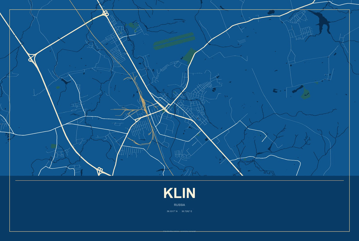 Klin, Russia City Map Aluminum Sign in Harbor Cobalt style