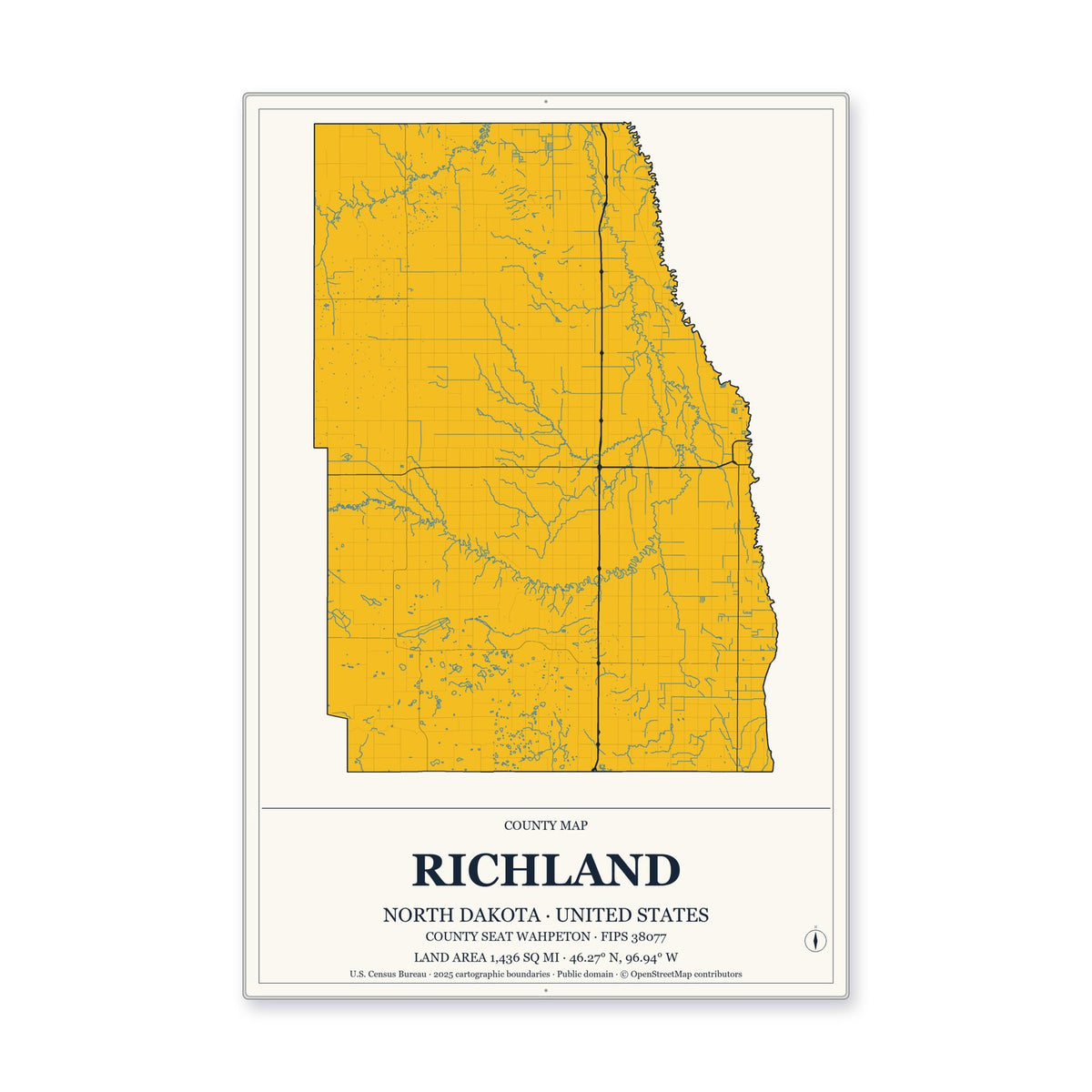 Richland County, North Dakota Map Aluminum Sign in Citrine Modern style