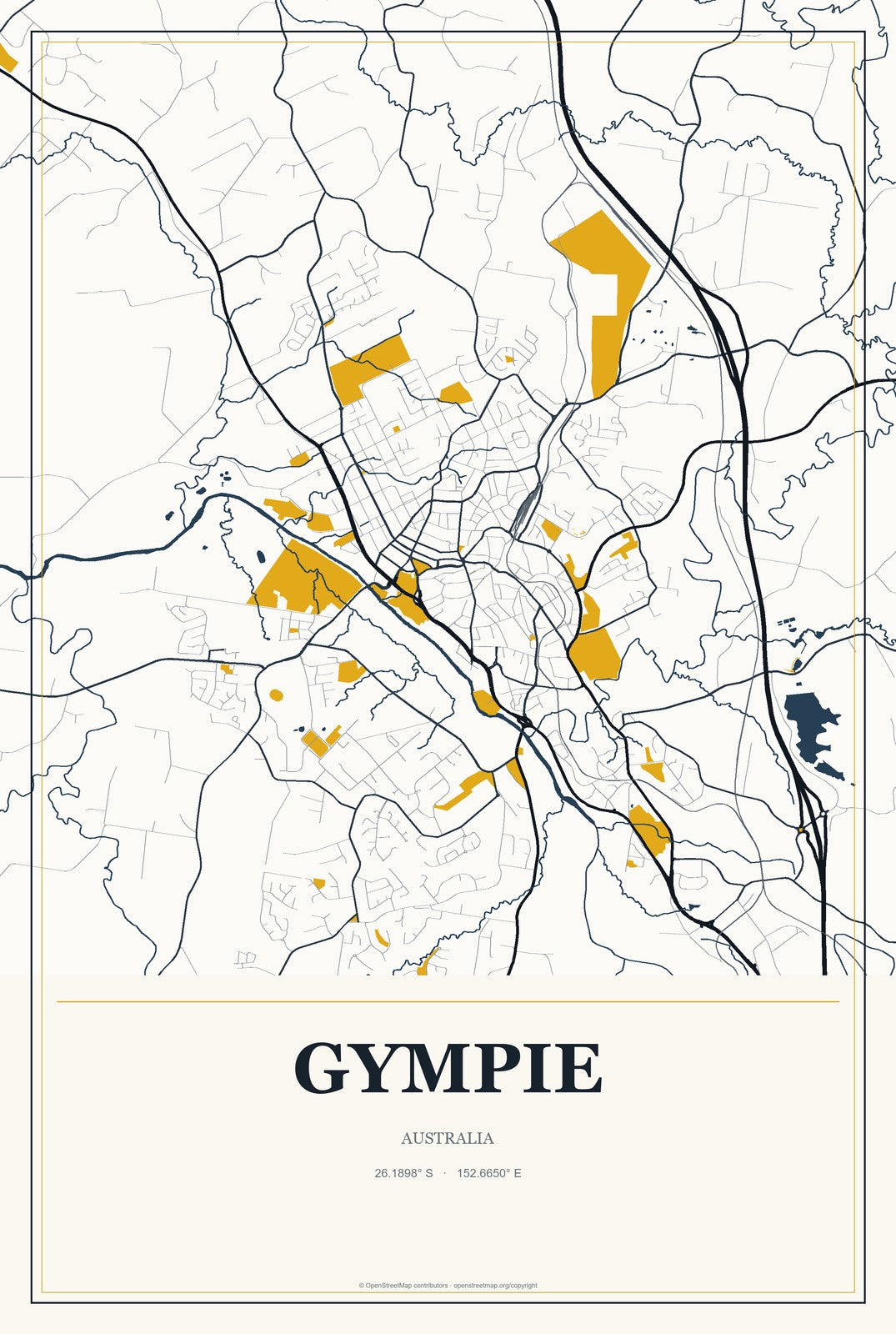 Gympie, Australia City Map Aluminum Sign in Citrine Modern style