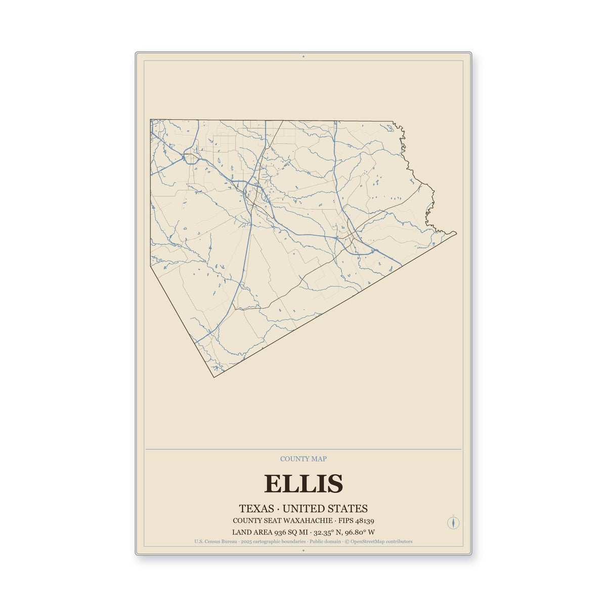Ellis County, Texas Map Aluminum Sign in Heritage Nautical style