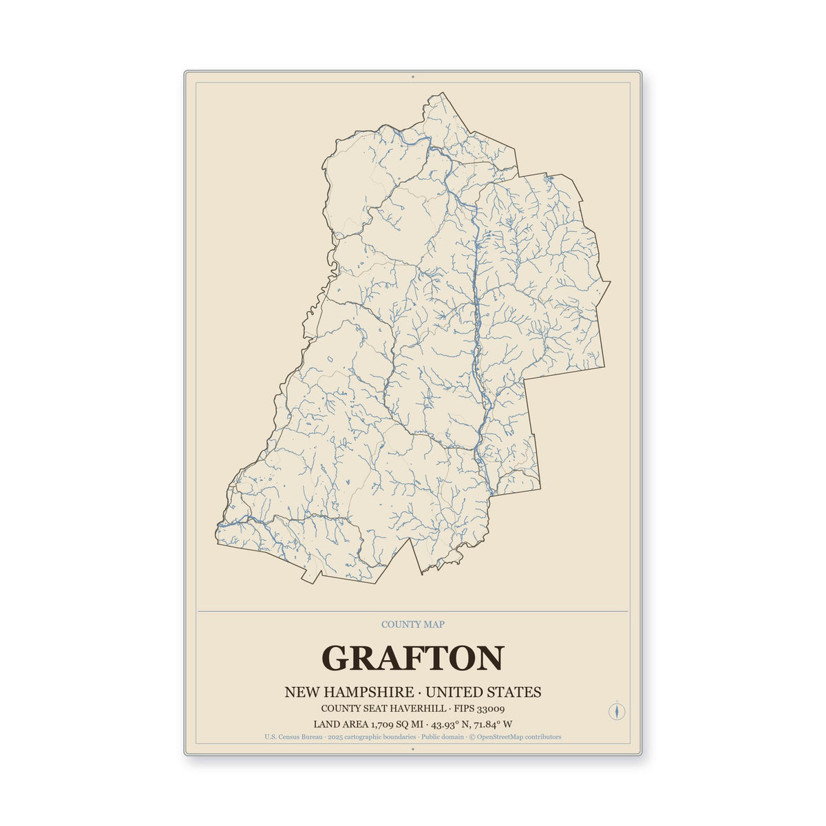 Grafton County, New Hampshire Map Aluminum Sign in Heritage Nautical style