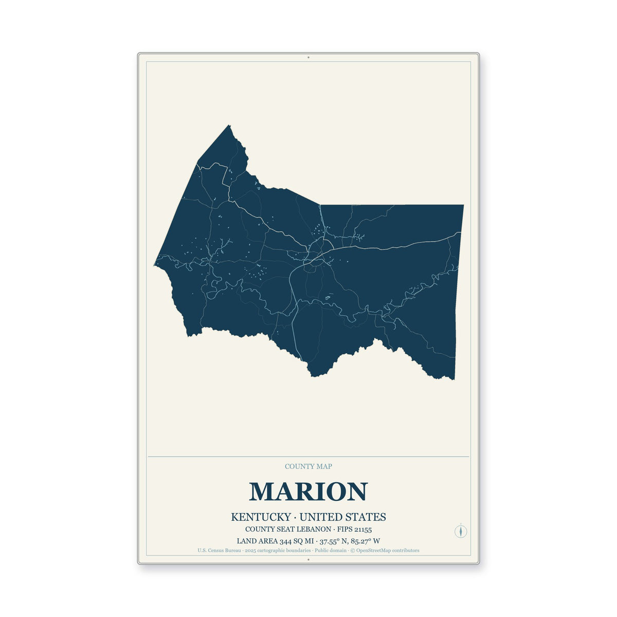 Marion County, Kentucky Map Aluminum Sign in Coastal Cutout style