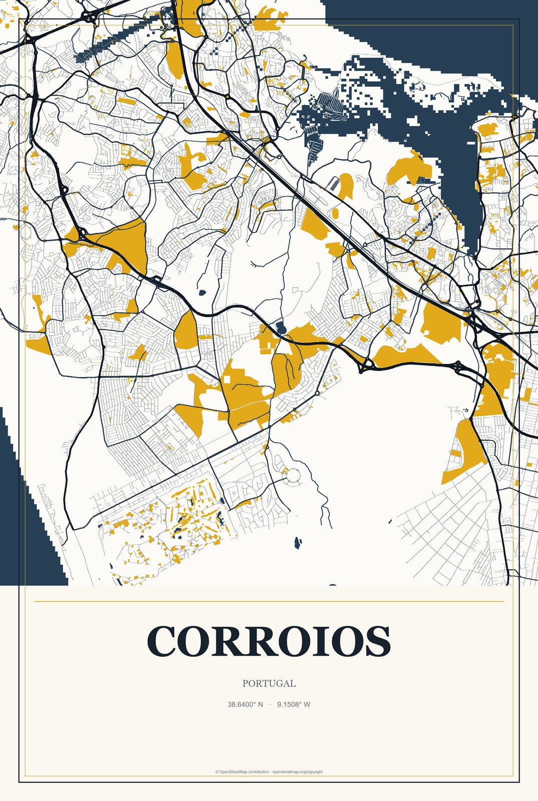 Corroios, Portugal City Map Aluminum Sign in Citrine Modern style