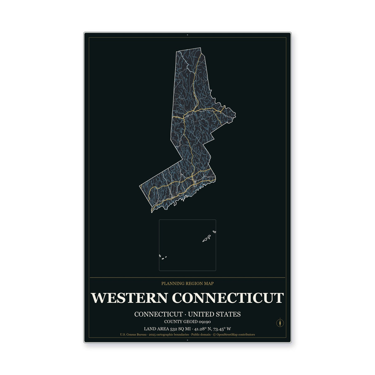 Western Connecticut Planning Region, Connecticut Map Aluminum Sign in Metropolitan Noir style