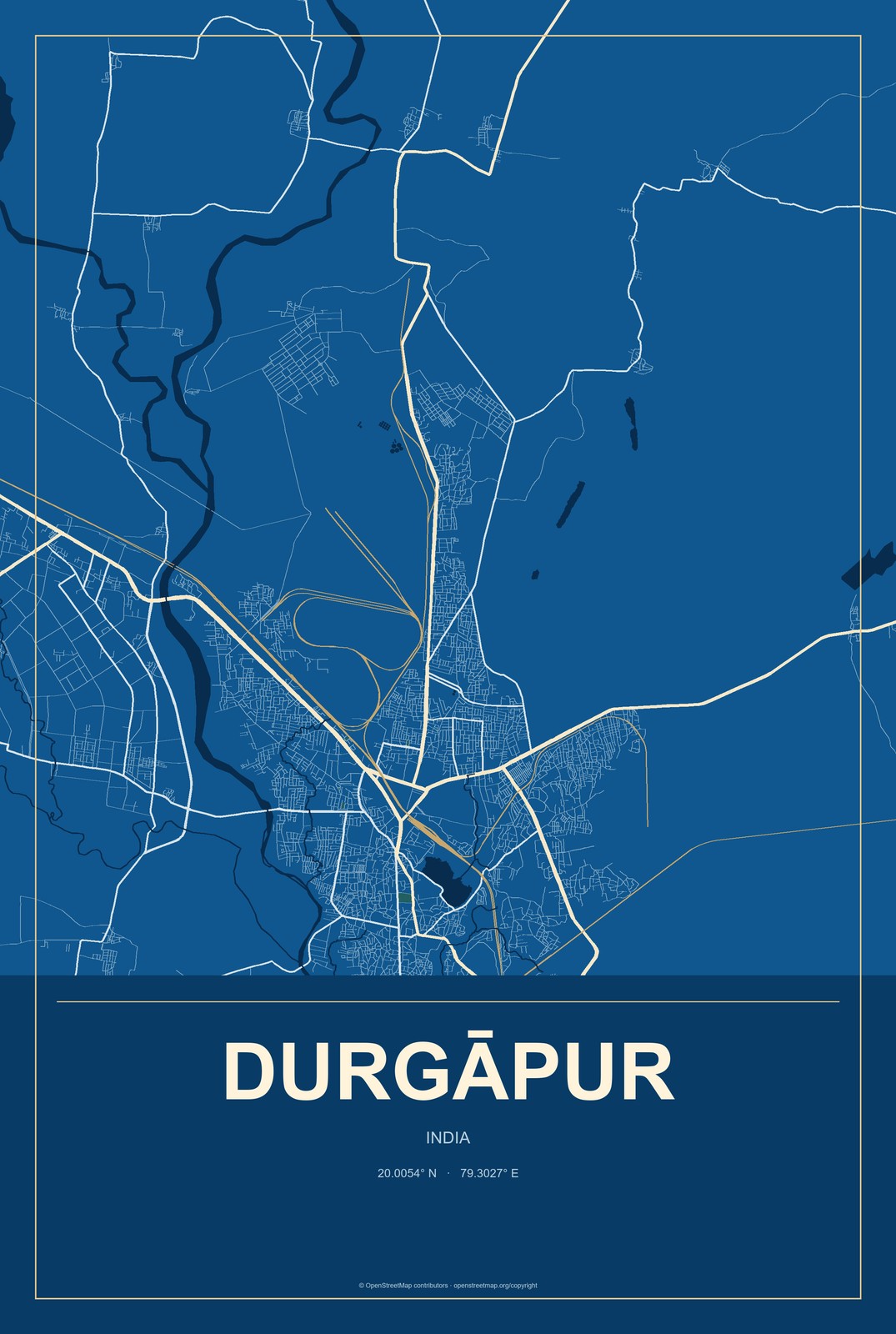 Durgāpur, India City Map Aluminum Sign in Harbor Cobalt style