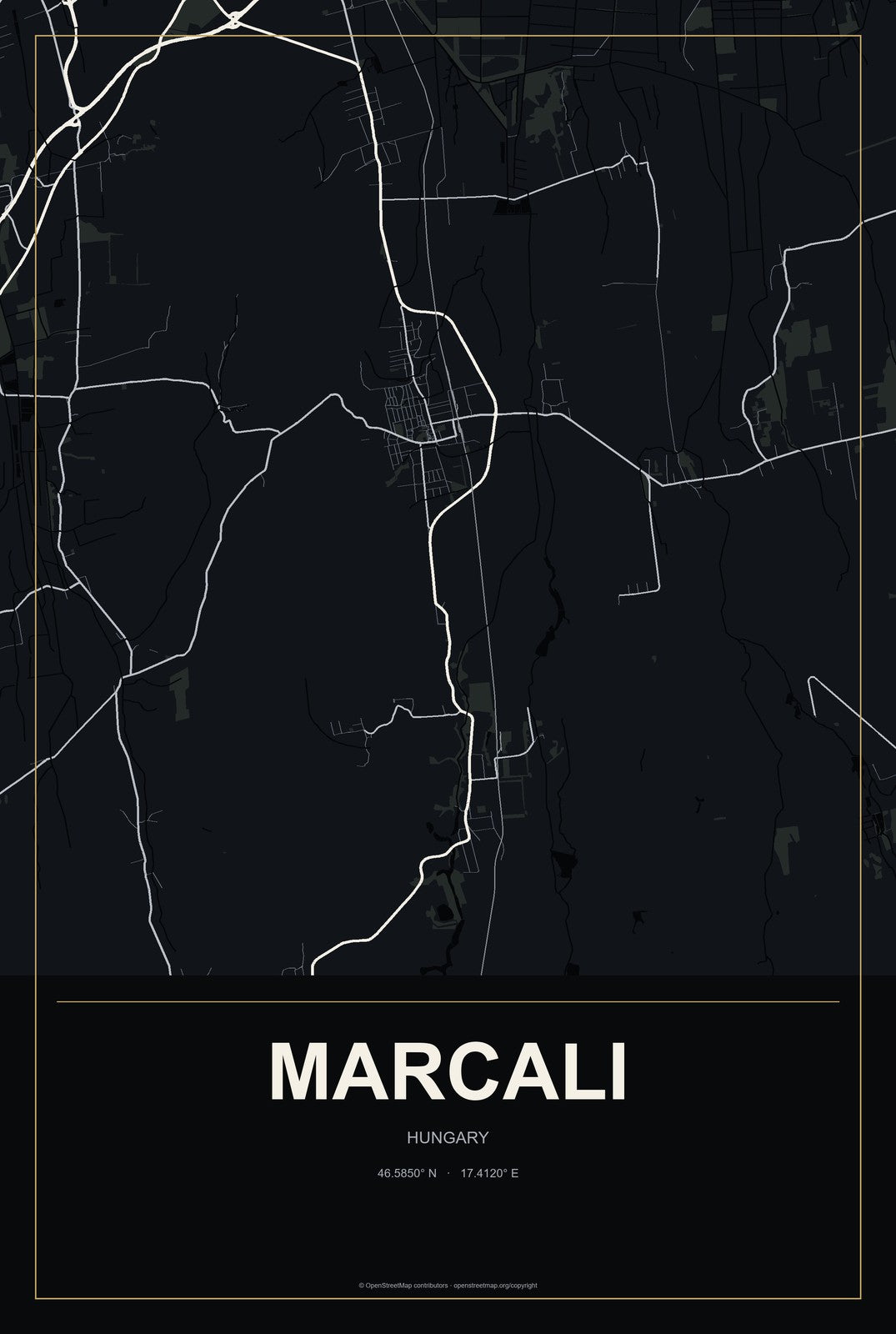 Marcali, Hungary City Map Aluminum Sign in Metropolitan Noir style