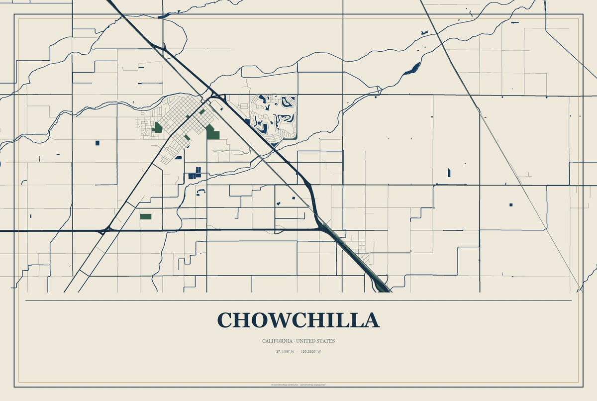 Chowchilla, California City Map Aluminum Sign in Coastal Cutout style