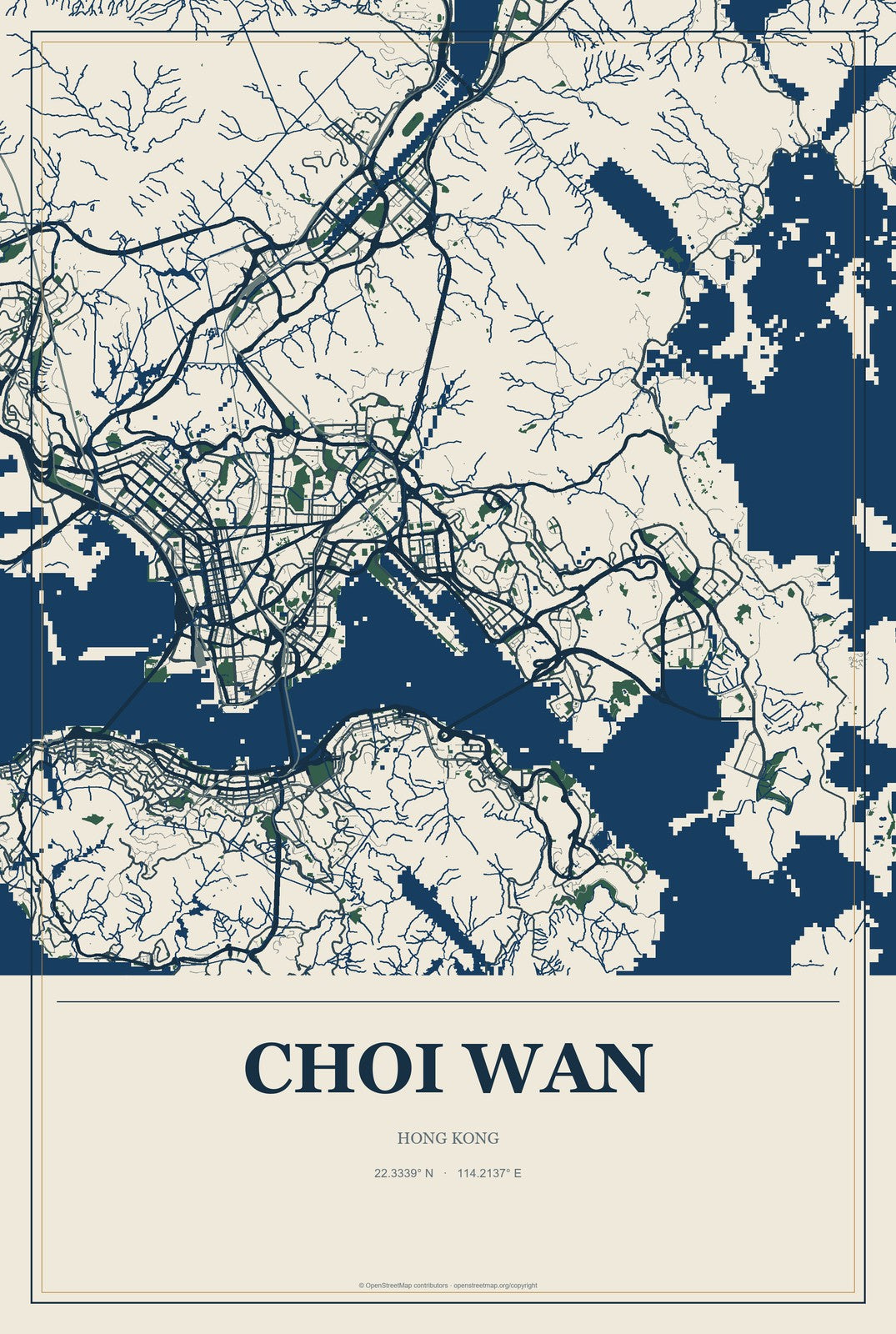 Choi Wan, Hong Kong City Map Aluminum Sign in Coastal Cutout style