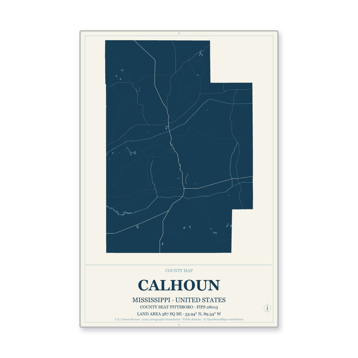 Calhoun County, Mississippi Map Aluminum Sign in Coastal Cutout style