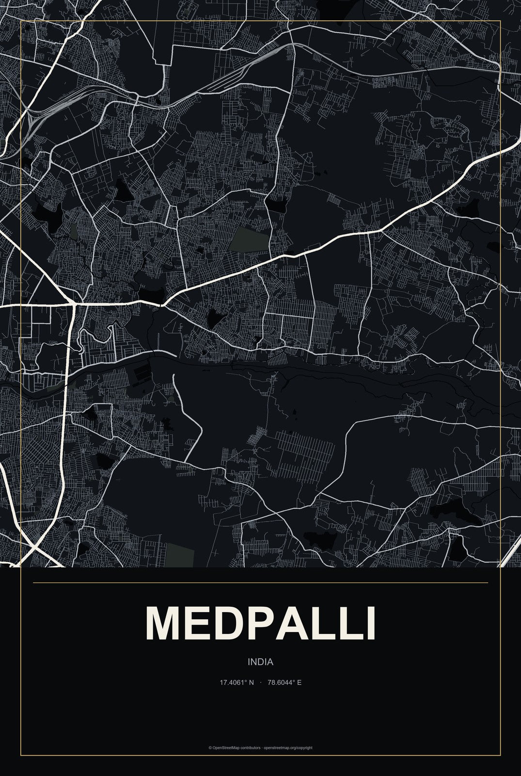 Medpalli, India City Map Aluminum Sign in Metropolitan Noir style