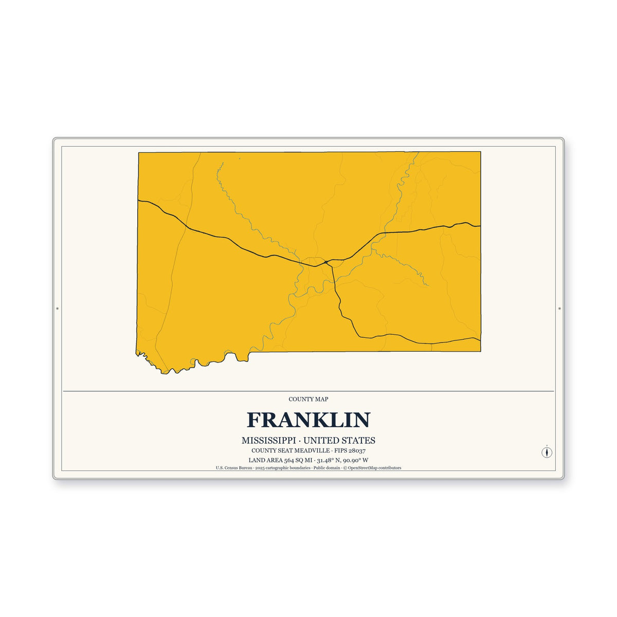 Franklin County, Mississippi Map Aluminum Sign in Citrine Modern style