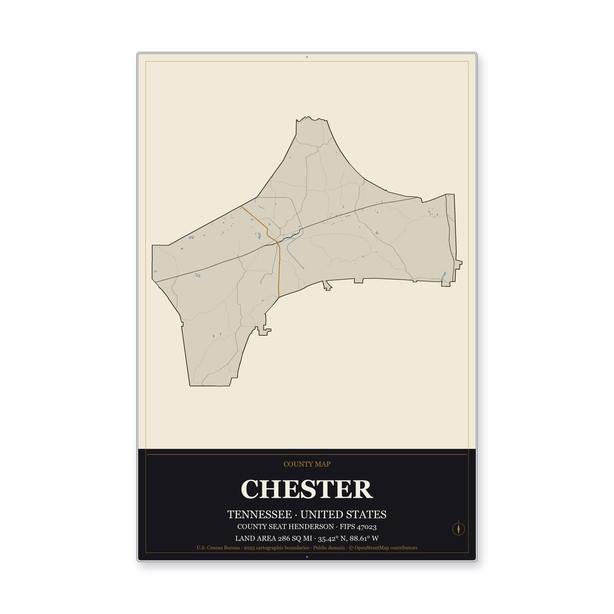 Chester County, Tennessee Map Aluminum Sign in Museum Plaque style
