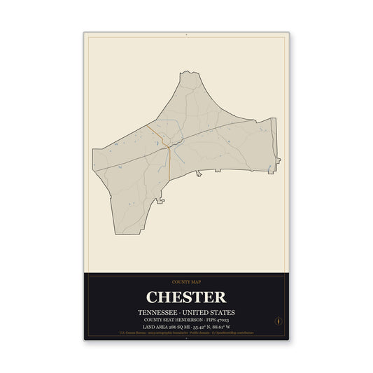 Chester County, Tennessee Map Aluminum Sign in Museum Plaque style
