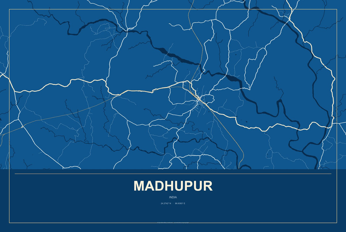 Madhupur, India City Map Aluminum Sign in Harbor Cobalt style