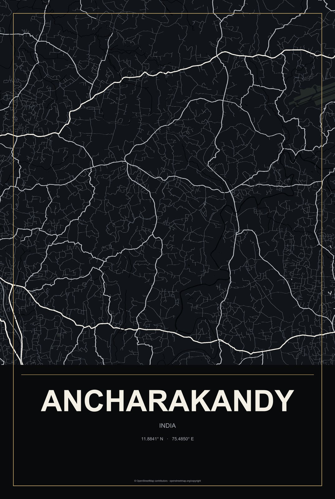 Ancharakandy, India City Map Aluminum Sign in Metropolitan Noir style