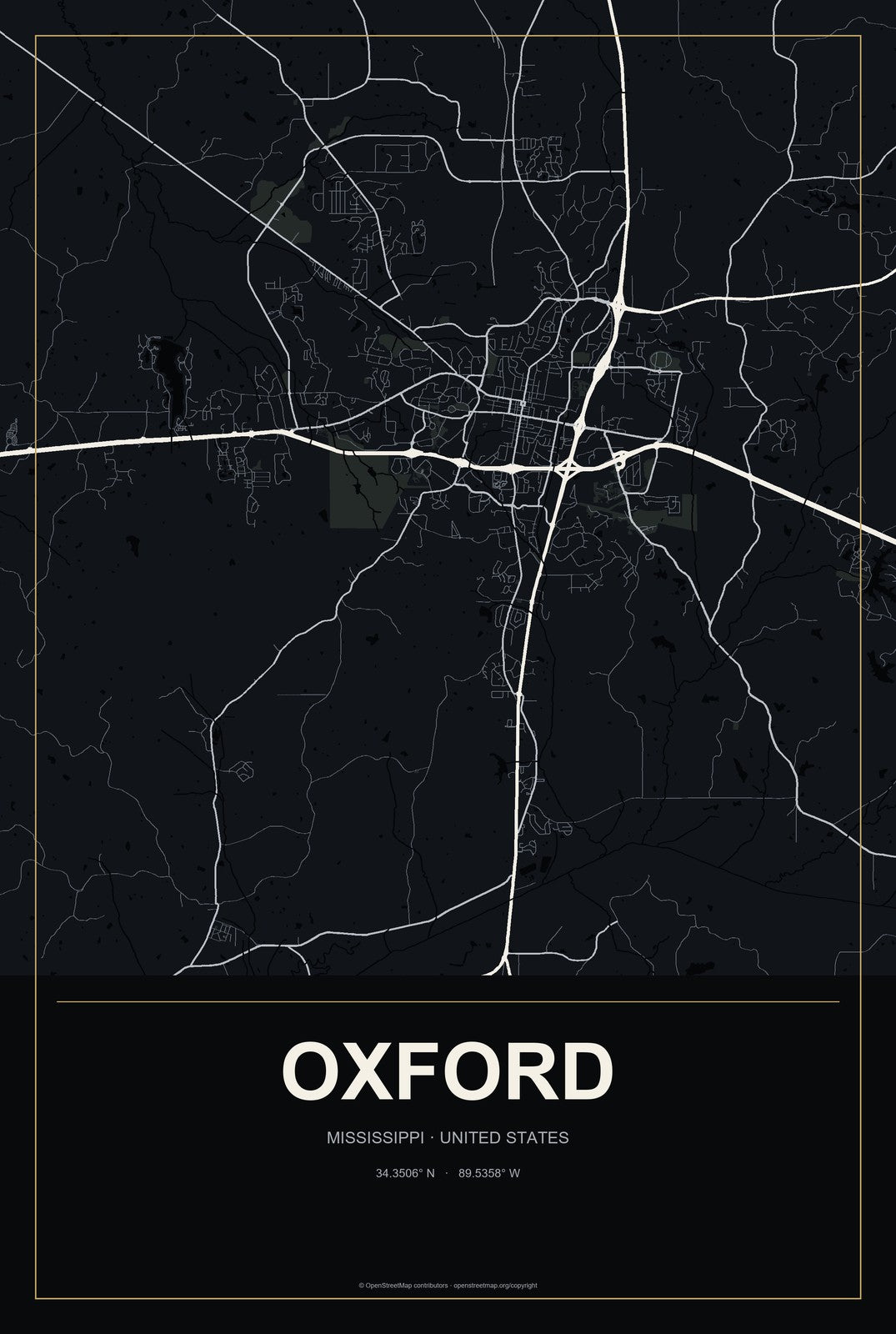 Oxford, Mississippi City Map Aluminum Sign in Metropolitan Noir style