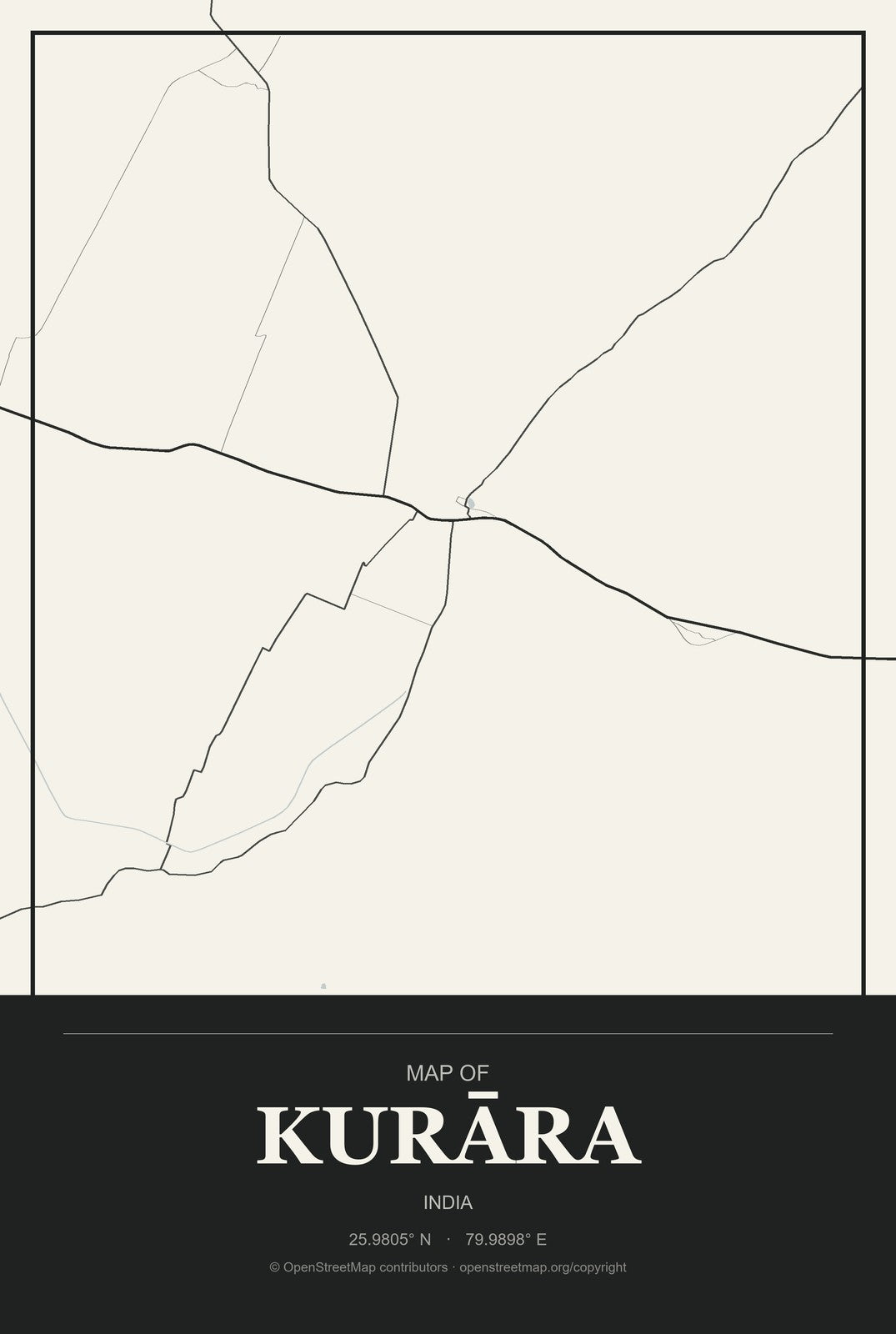 Kurāra, India City Map Aluminum Sign in Museum Plaque style