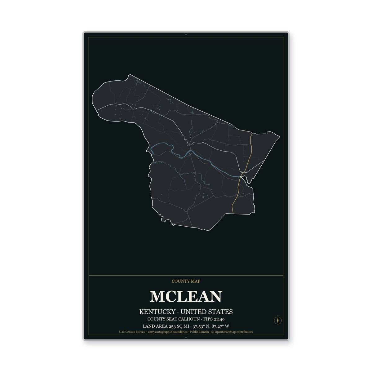 McLean County, Kentucky Map Aluminum Sign in Metropolitan Noir style