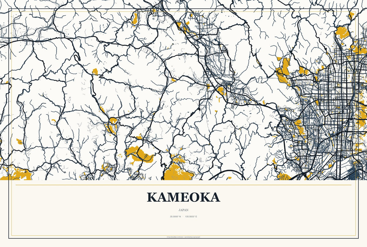 Kameoka, Japan City Map Aluminum Sign in Citrine Modern style