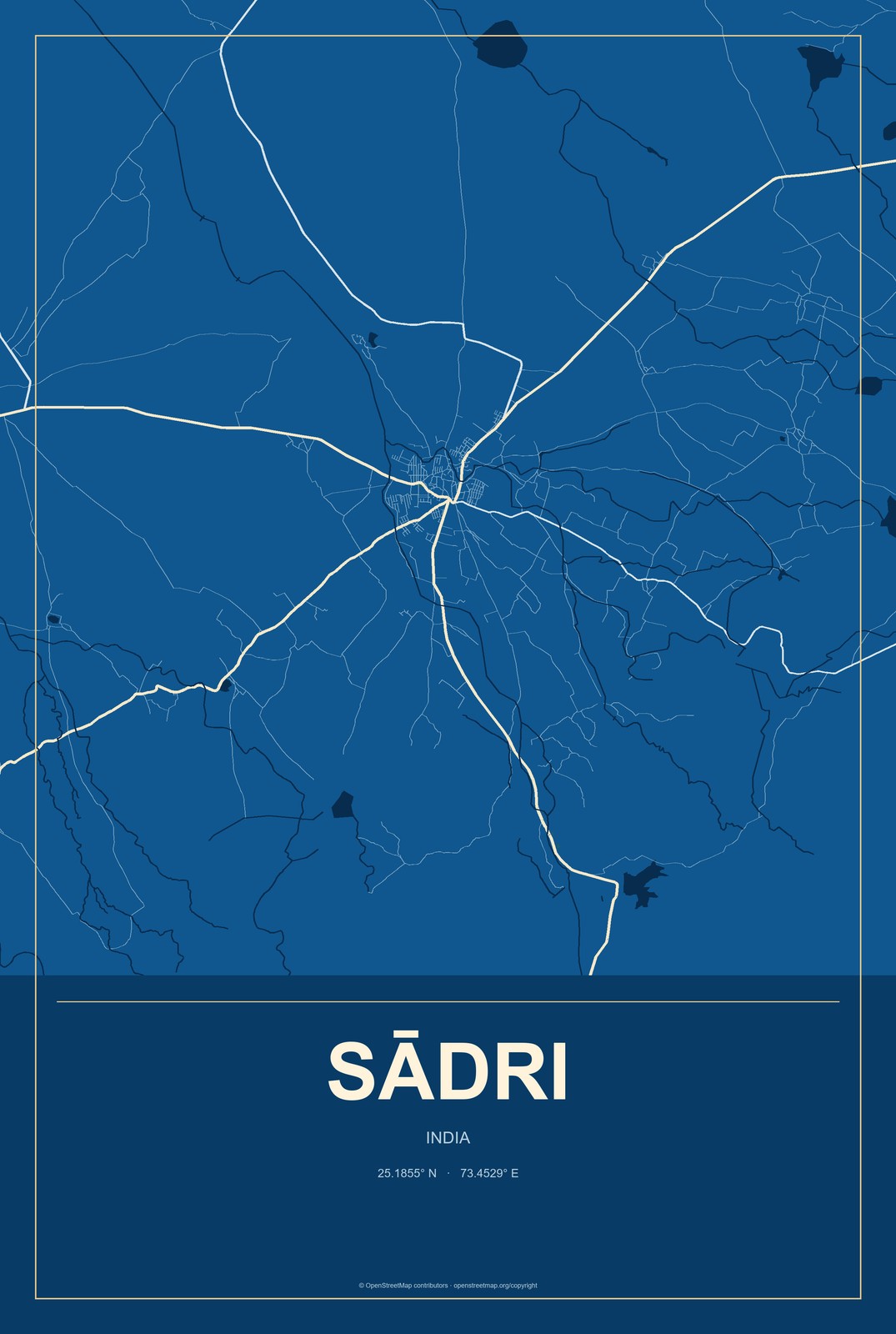 Sādri, India City Map Aluminum Sign in Harbor Cobalt style