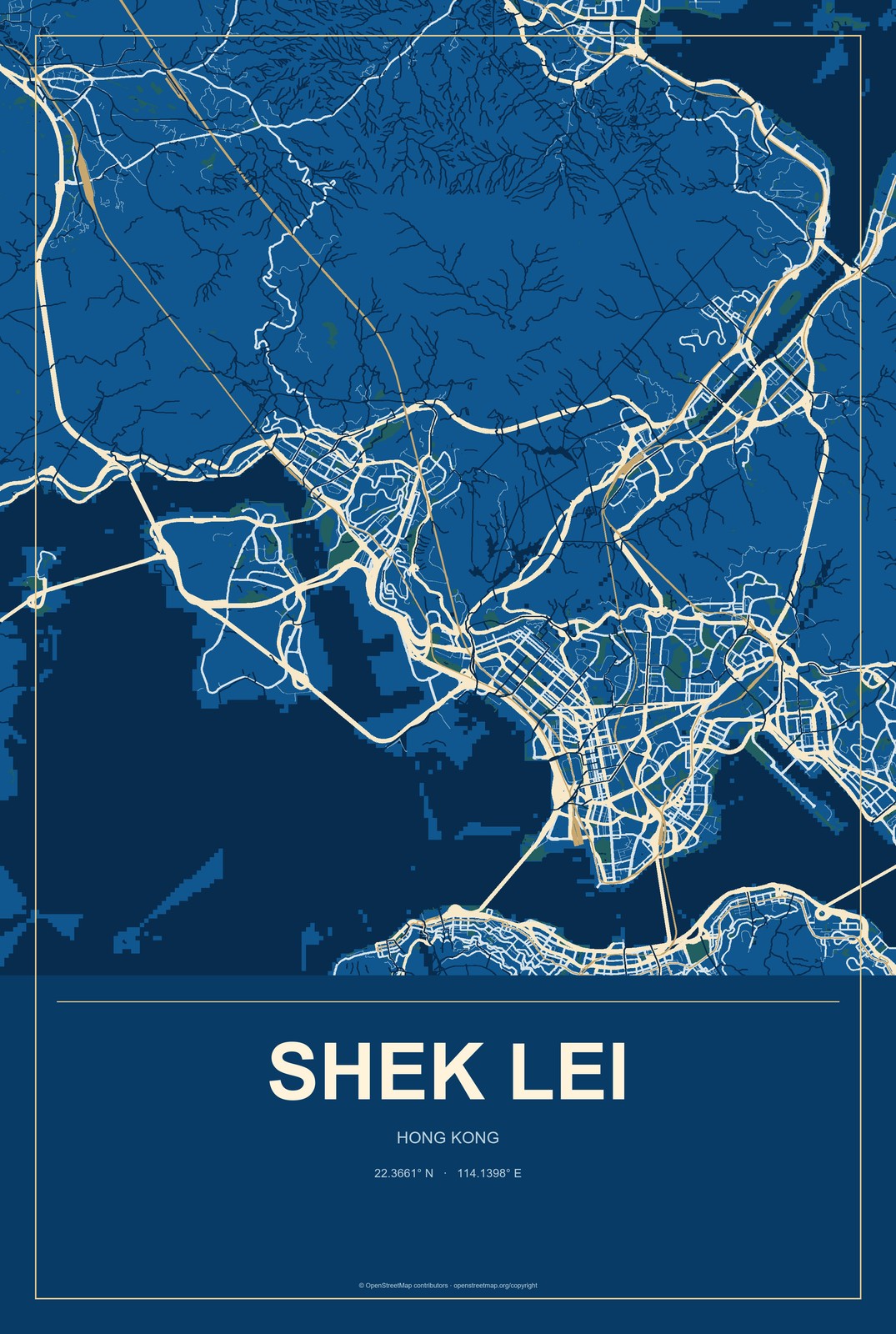 Shek Lei, Hong Kong City Map Aluminum Sign in Harbor Cobalt style