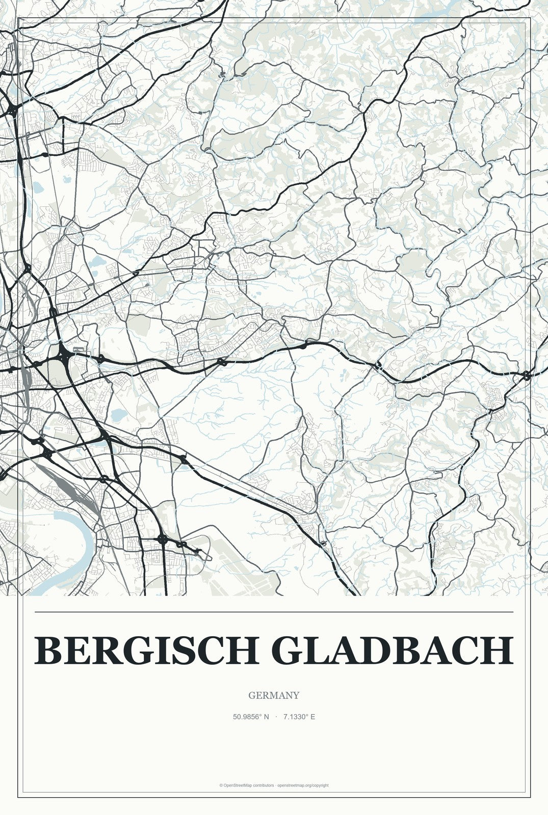 Bergisch Gladbach, Germany City Map Aluminum Sign in Gallery Air style