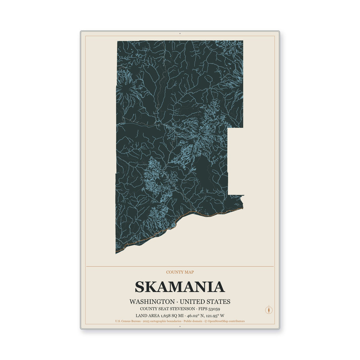 Skamania County, Washington Map Aluminum Sign in Headline Atlas style