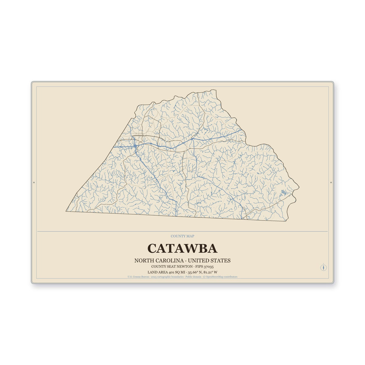 Catawba County, North Carolina Map Aluminum Sign in Heritage Nautical style