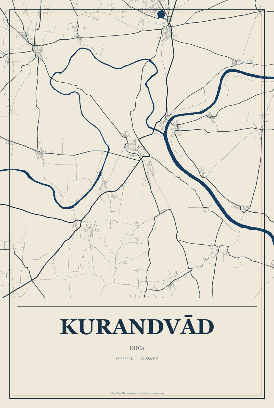 Kurandvād, India City Map Aluminum Sign in Coastal Cutout style