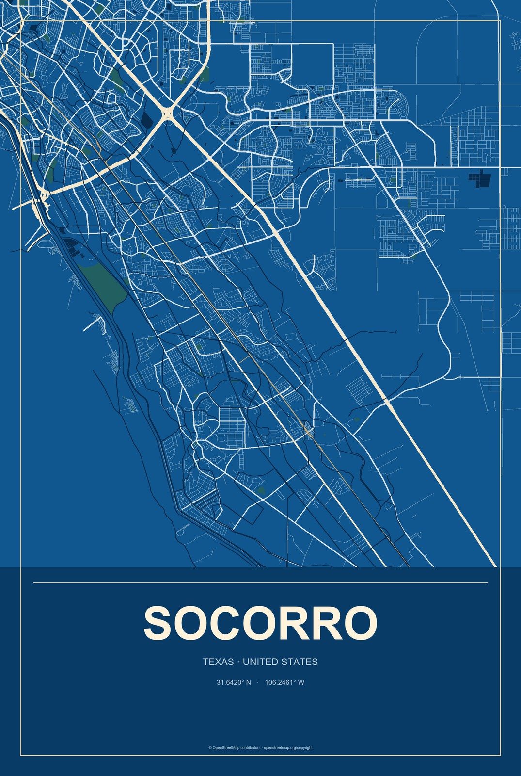 Socorro, Texas City Map Aluminum Sign in Harbor Cobalt style