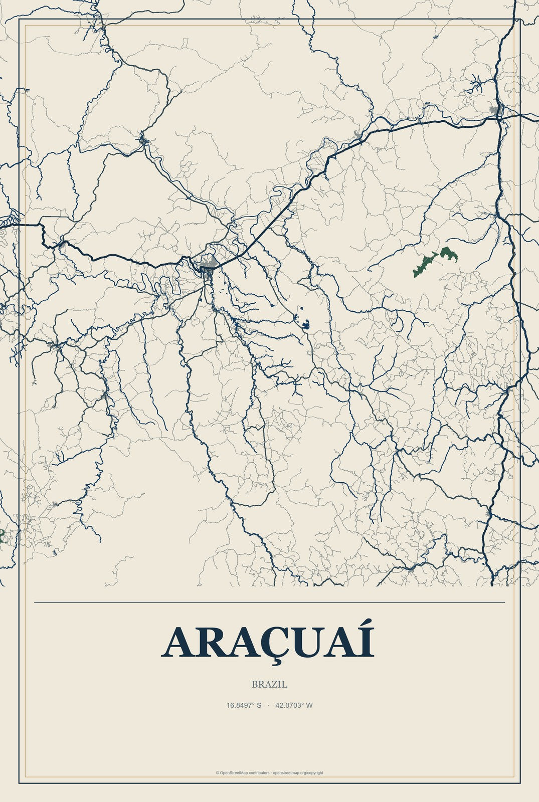 Araçuaí, Brazil City Map Aluminum Sign in Coastal Cutout style