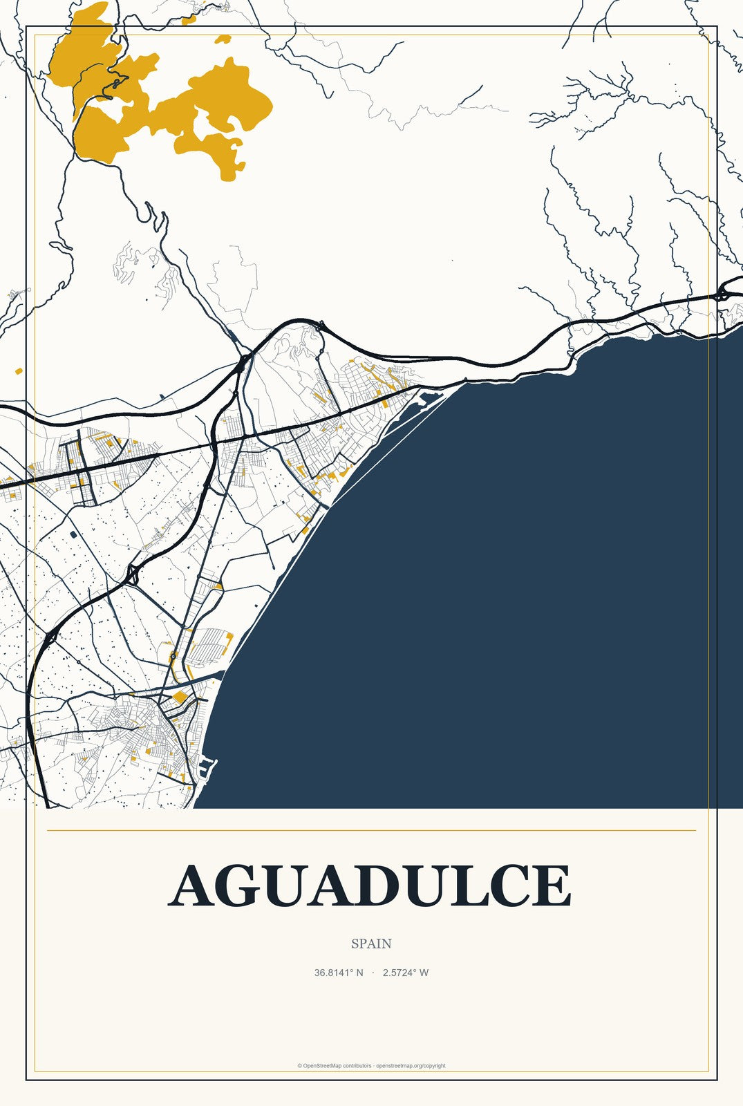 Aguadulce, Spain City Map Aluminum Sign in Citrine Modern style