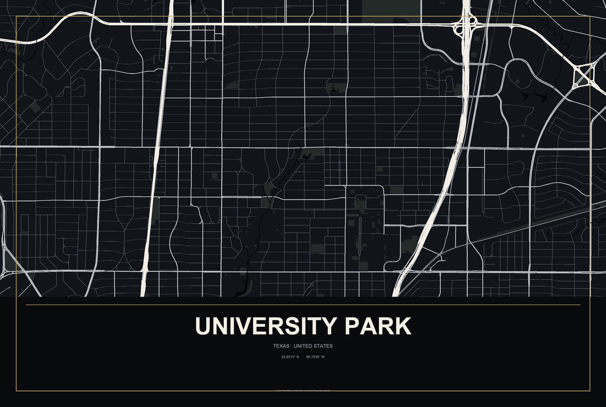 University Park, Texas City Map Aluminum Sign in Metropolitan Noir style